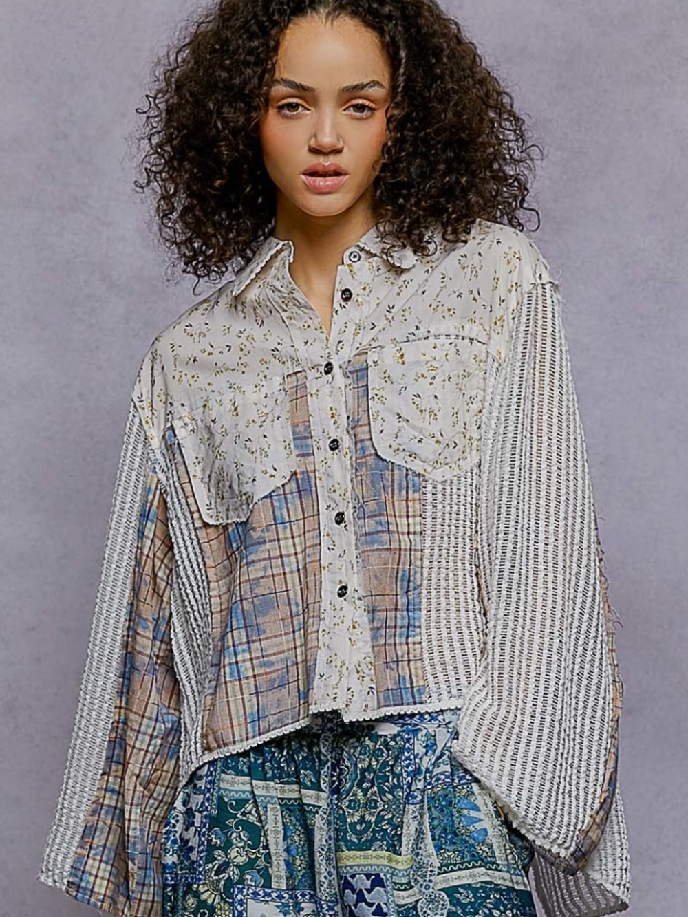 POL Patchwork Floral Plaid Crochet Button Down Shirt Oversized Boho Top NWOT
